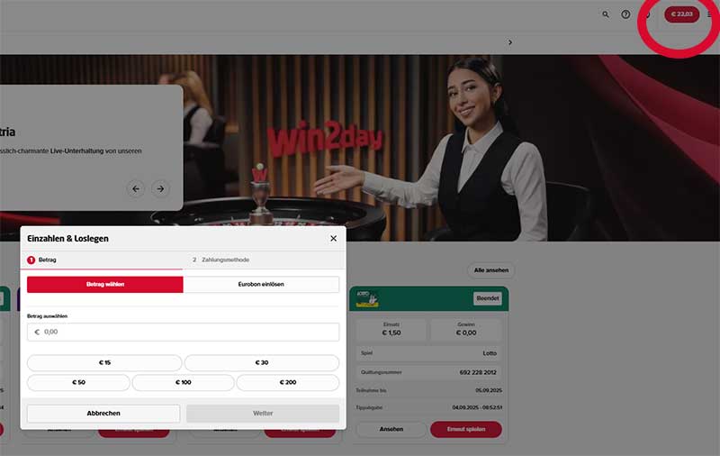 Screenshot von win2day mit dem Overlay der Auswahl des Einzahlungsbetrages